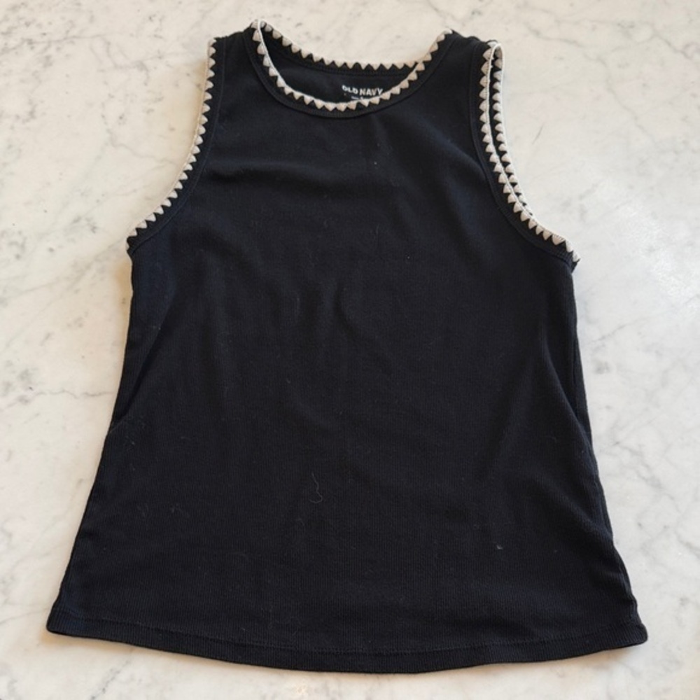 Girls Black Tank Top White Crochet Trim Size Medium Sleeveless